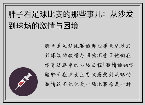 胖子看足球比赛的那些事儿：从沙发到球场的激情与困境