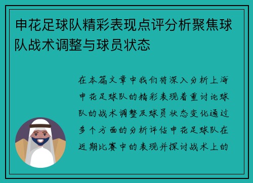 申花足球队精彩表现点评分析聚焦球队战术调整与球员状态