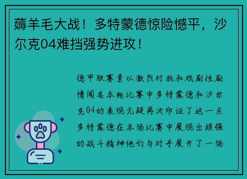薅羊毛大战！多特蒙德惊险憾平，沙尔克04难挡强势进攻！