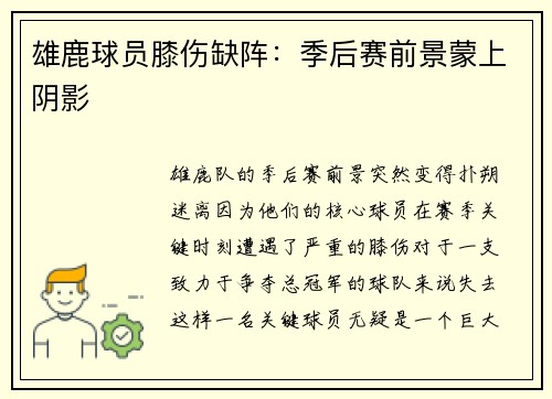 雄鹿球员膝伤缺阵：季后赛前景蒙上阴影