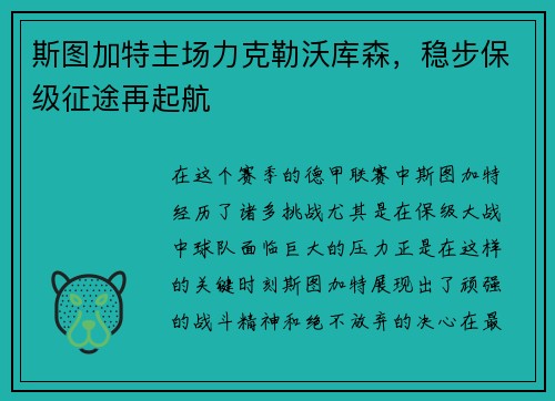 斯图加特主场力克勒沃库森，稳步保级征途再起航