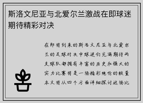斯洛文尼亚与北爱尔兰激战在即球迷期待精彩对决