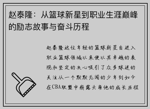 赵泰隆：从篮球新星到职业生涯巅峰的励志故事与奋斗历程