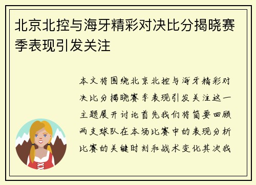 北京北控与海牙精彩对决比分揭晓赛季表现引发关注
