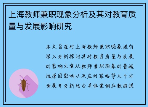 上海教师兼职现象分析及其对教育质量与发展影响研究