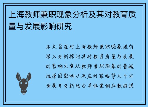 上海教师兼职现象分析及其对教育质量与发展影响研究