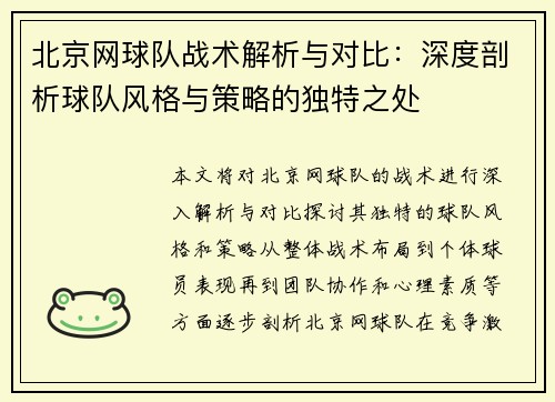 北京网球队战术解析与对比：深度剖析球队风格与策略的独特之处
