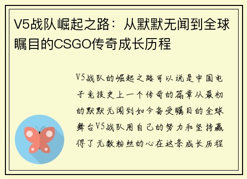 V5战队崛起之路：从默默无闻到全球瞩目的CSGO传奇成长历程