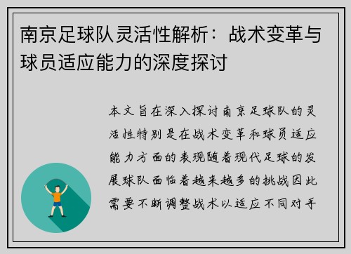 南京足球队灵活性解析：战术变革与球员适应能力的深度探讨