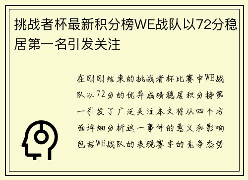 挑战者杯最新积分榜WE战队以72分稳居第一名引发关注